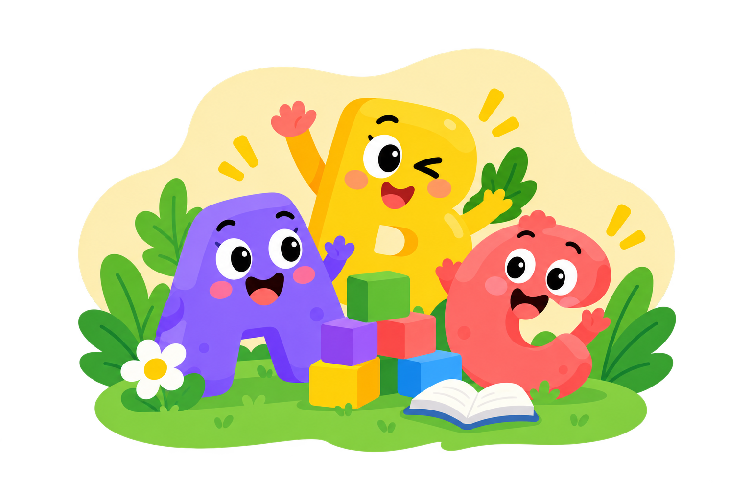Smiling letters A, B and C playing with toy blocks on a grassy hill